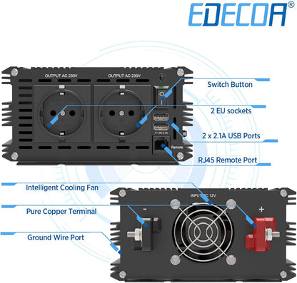 EDECOA Omvormer Zuivere Sinus 3500W Auto Omvormer 12v naar 230v Spanningsomvormer 12 V 230 V Inverter Pure Sine Wave met Afstandsbediening 2 EU Stopcontacten 2 USB Poorten