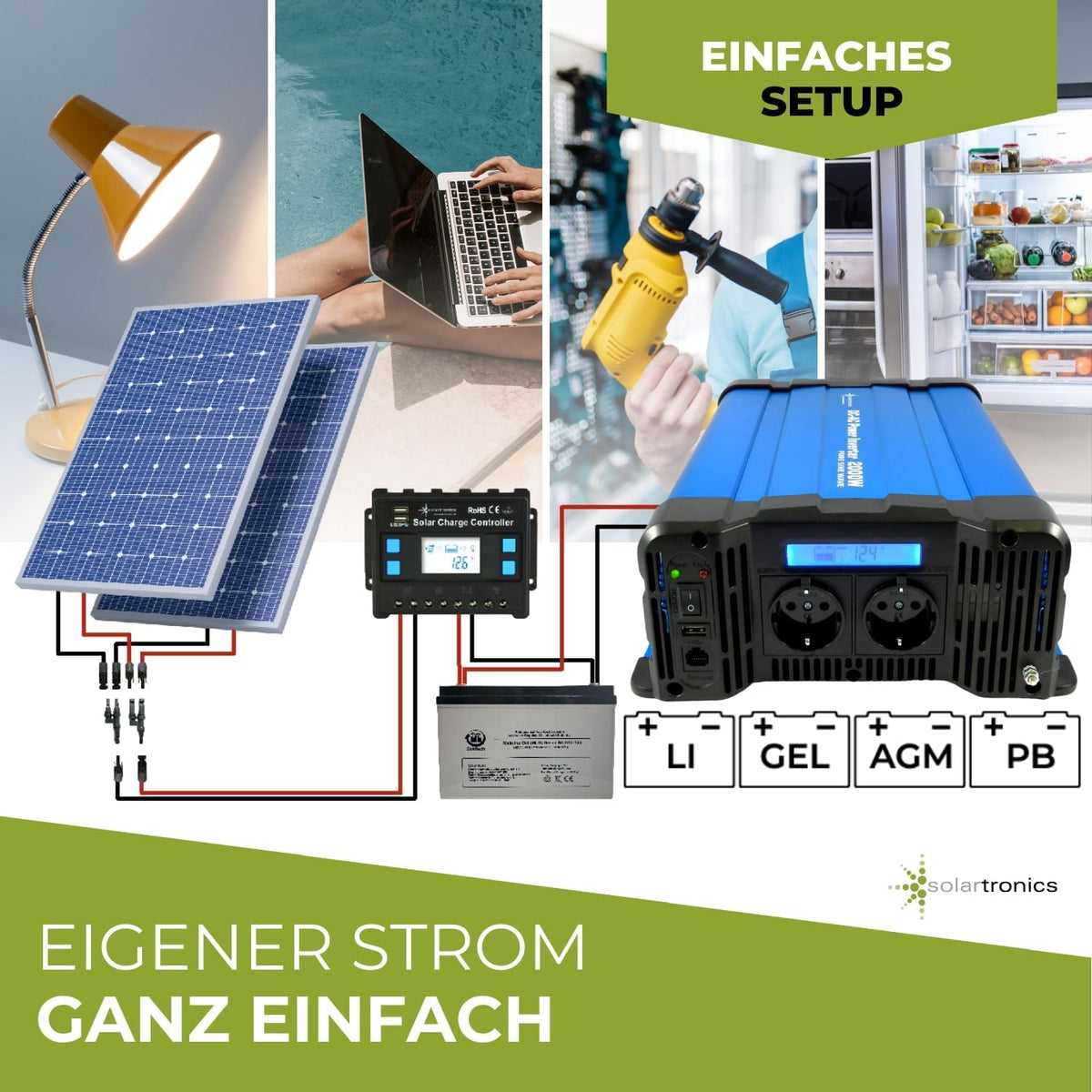 solartronics Spanningsomvormer FS2000D 12V 2000/4000 Watt Pure Sinus BLAUW m. Display FS Serie LiFePO4 / lithium, lood-, gel of AGM-batterij compatibel inverter omvormer