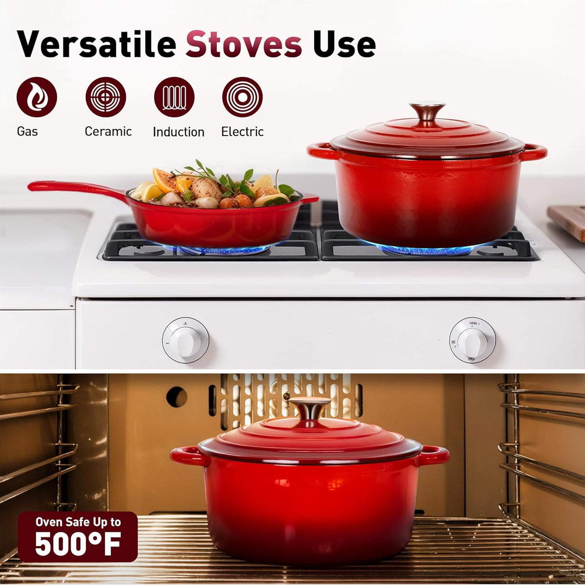 Kitchen Academy, Cast Iron Pan, 7-Piece Set with Dutch Ovens, Enameled Cast Iron Cookware, Sauce Pan, Pan, 3 Lids, Dutch Oven Set, Pans and Pan Set, Non-Stick Coating, Red - QUORE