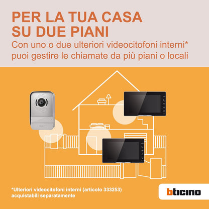 Bticino 318913 Easykit Plus video-intercom voor 1 gezinshuis, plug-in met 2 draden, 1 externe knop met bel en camera, 1 interne monitor 7 inch in kleur met handsfree, uitbreidbaar voor twee families