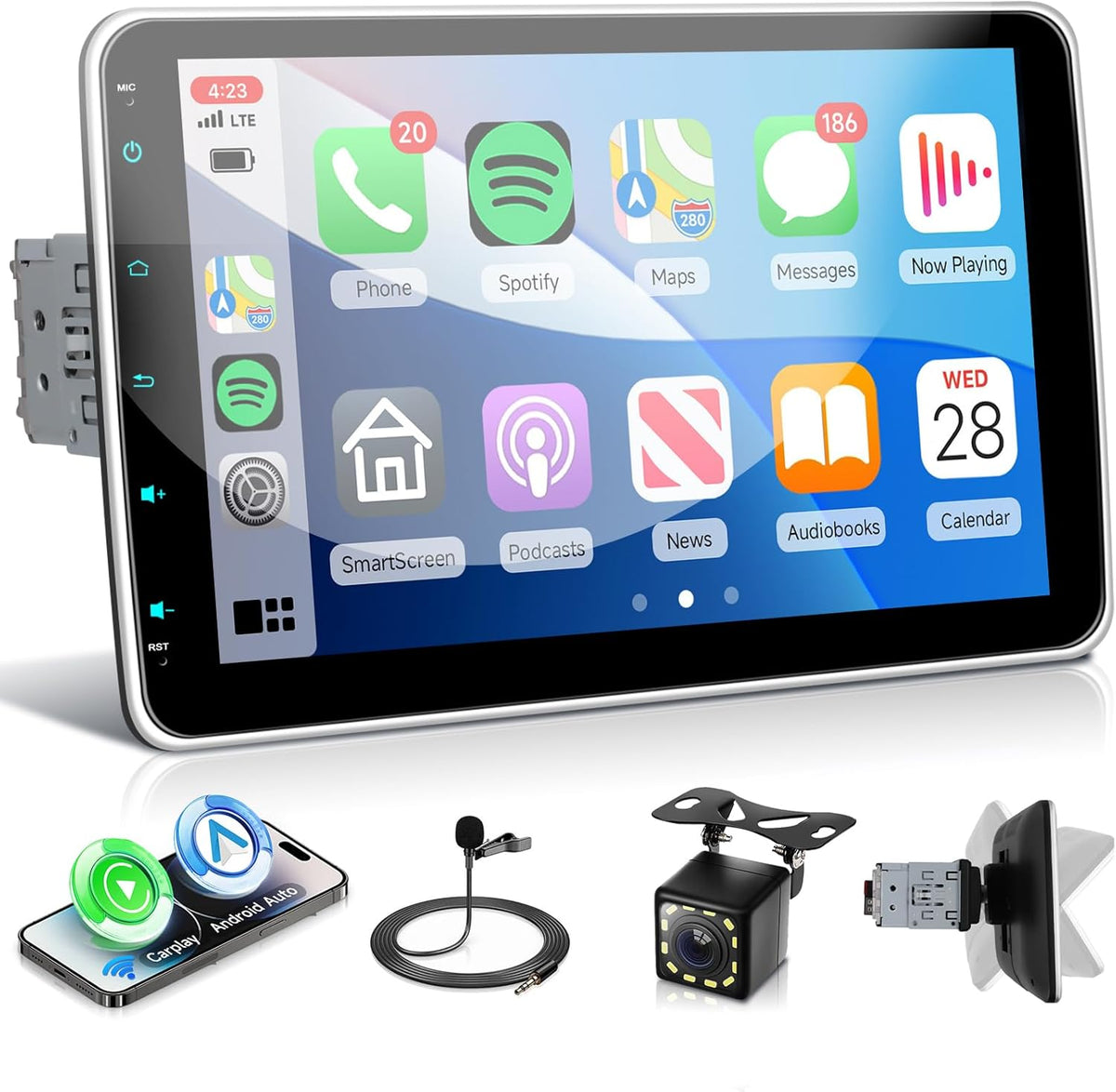Autoradio, 1 Din met draadloze Carplay Android auto, 10 inch HD IPS touchscreen, autoradio met handmatige draaifunctie, ondersteuning Bluetooth 5.2 schakelspiegels, FM/RDS-radio, USB/type C
