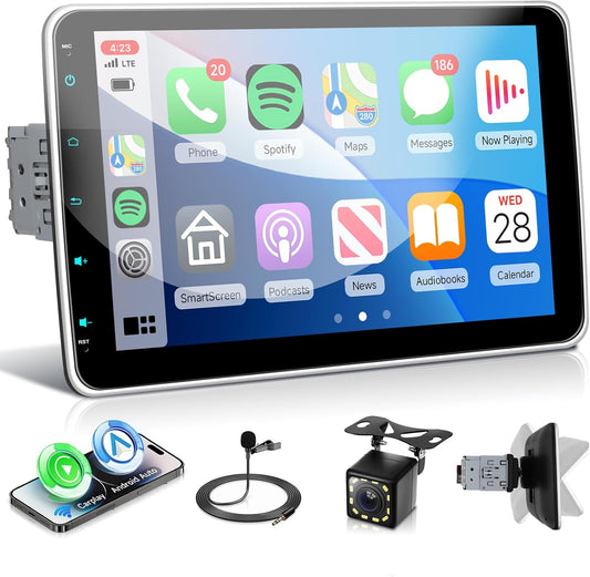 Autoradio, 1 Din met draadloze Carplay Android auto, 10 inch HD IPS touchscreen, autoradio met handmatige draaifunctie, ondersteuning Bluetooth 5.2 schakelspiegels, FM/RDS-radio, USB/type C