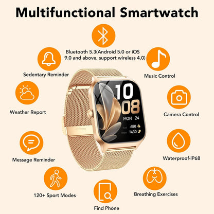 CASCHO Smartwatch voor dames, 1,85 inch smartwatch met bluetooth-oproepen/assistent, 120+ sportsmartwatch met stappenteller, slaap-/hartslagmeter, verguld en lichtroze
