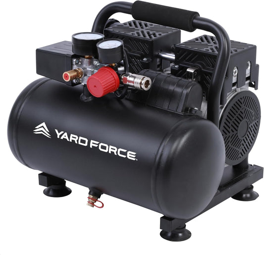 Yard Force EX ARC06 Silent Compressor 6 liter, olievrij en onderhoudsarm, 8 bar werkdruk, 67 dB stil, 550 W dubbele cilinder (106 l/min), drukregelaar + manometer, draaggreep en rubberen voetjes