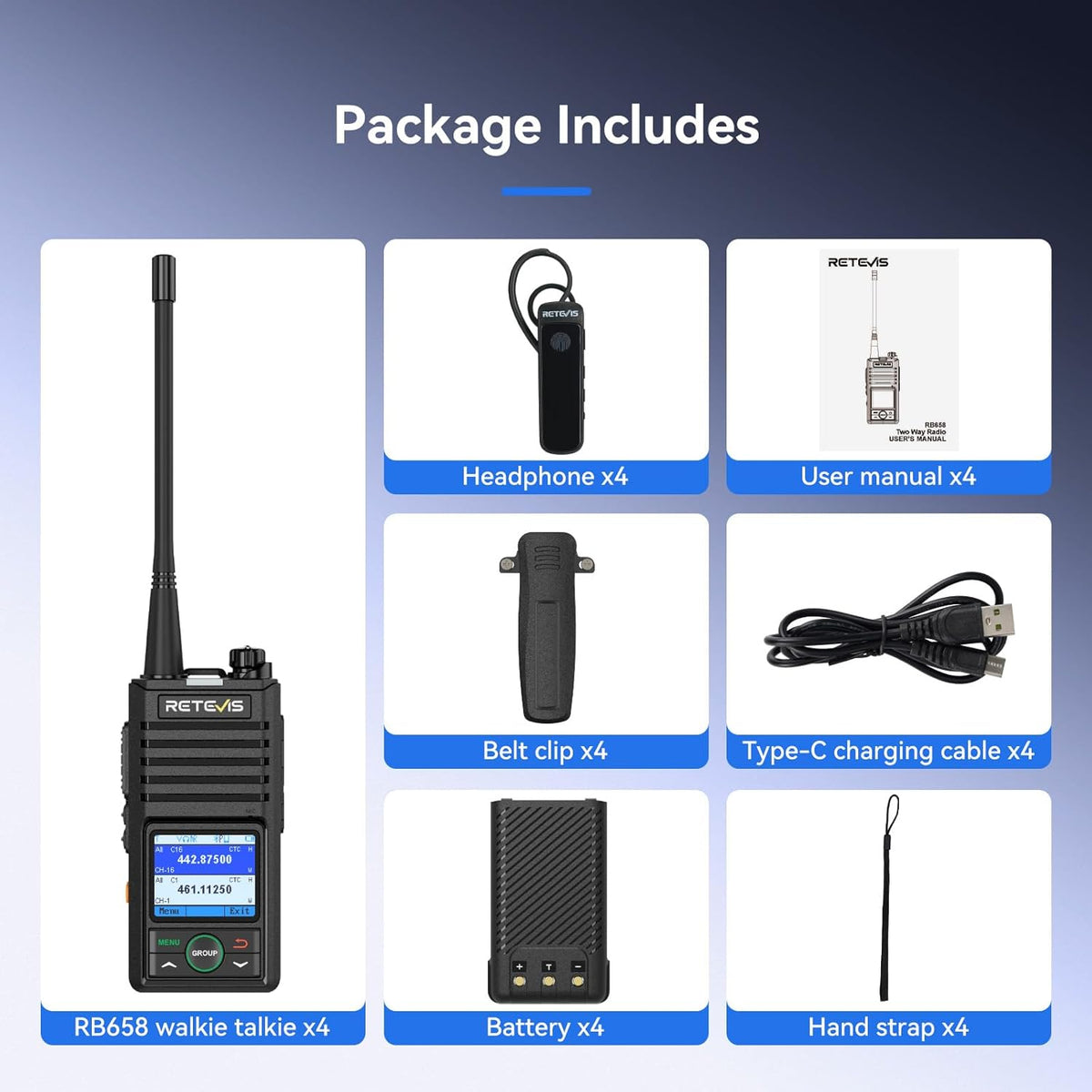 Retevis RB658 Walkie Talkie Bluetooth, APP-instelling, Groepsgesprek, 1800 mAh, USB C, IP54, Draadloze Kloon, Walkie Talkie met draadloze oortelefoon voor de detailhandel (4 Pack, Zwart)