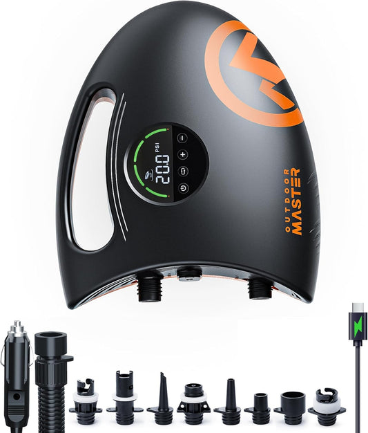 OutdoorMaster Shark 2S 88,8 Wh elektrische peddelboardpomp, oplaadbare batterij voor 6 SUPs opblazen en leeglaten, 20 PSI SUP luchtpomp 12V/15,8V DC & Type-C ingang, automatische uitschakeling en 8