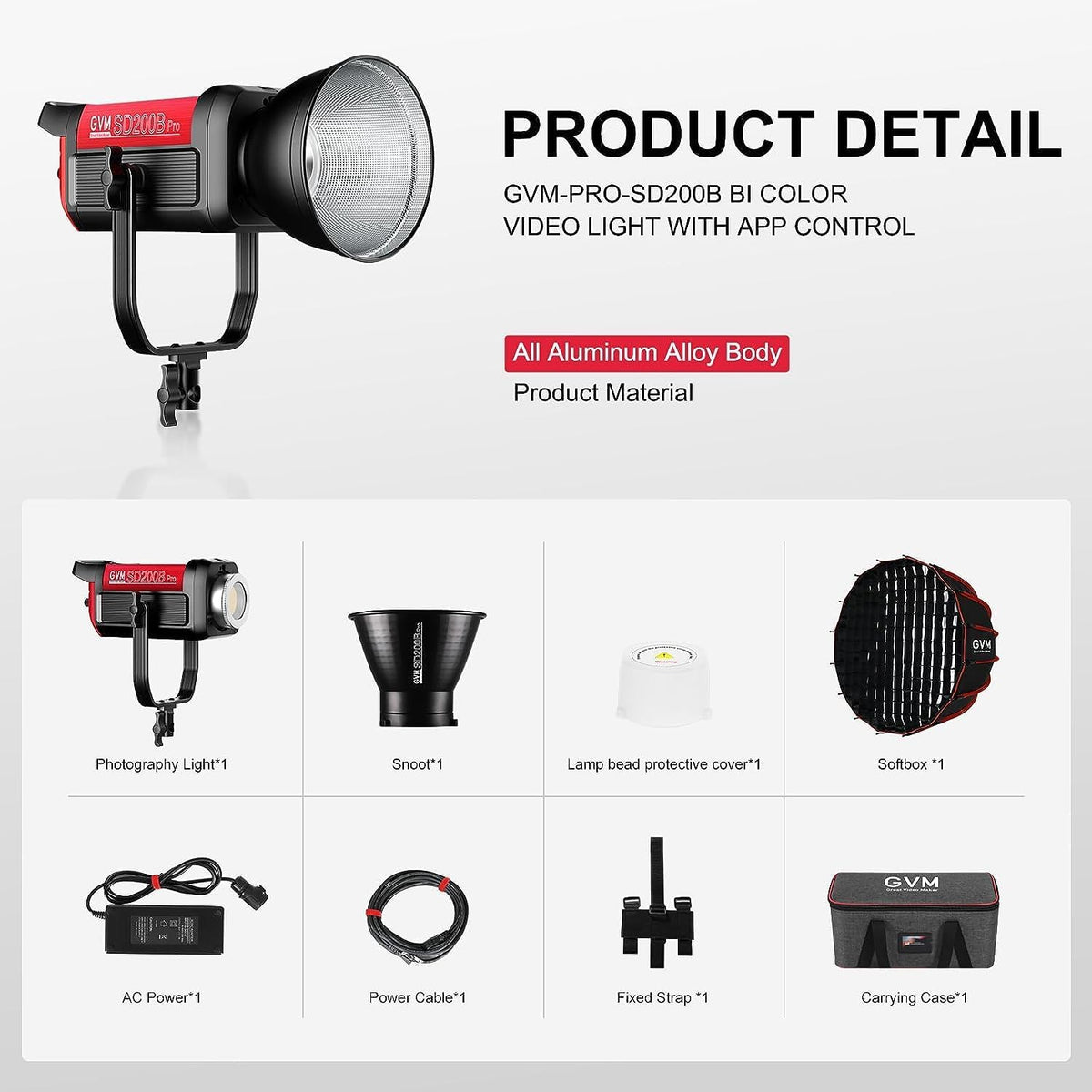 GVM Led-videolamp met softbox, 200 W, Bowens continu licht, 2700K-6800K COB studiolicht, videolicht voor video, YouTube, fotolicht, filmstudioset, 45400lux/1m, CRI97+ DMX/APP-besturing
