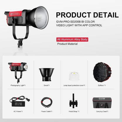 GVM Led-videolamp met softbox, 200 W, Bowens continu licht, 2700K-6800K COB studiolicht, videolicht voor video, YouTube, fotolicht, filmstudioset, 45400lux/1m, CRI97+ DMX/APP-besturing