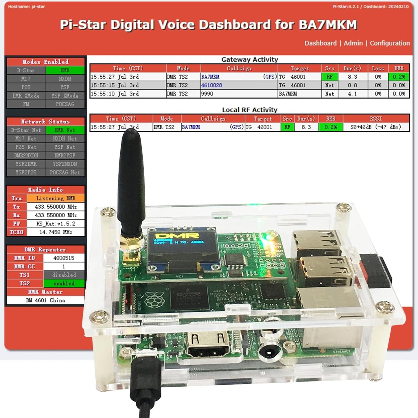 All-New DMR Hotspot Ethernet-poort gemonteerd Radio Station WiFi Voice Modem Support DMR Dstar YSF P25 Fusion Antenna Raspbery Pi Model 2B Twee Kleuren OLED Acryl Shell