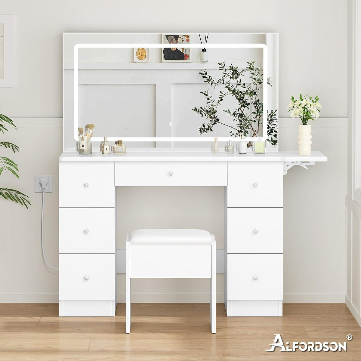 Make-uptafel – Kaptafel – Make-up Meubel – Schminktafel – Make-up Bureau – 7 Laden Opbergruimte – 3 Kleurverlichting Met USB & Stopcontact