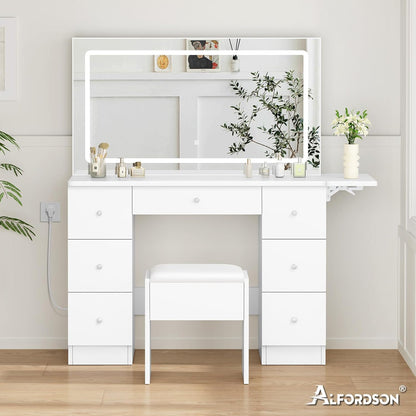 Make-uptafel – Kaptafel – Make-up Meubel – Schminktafel – Make-up Bureau – 7 Laden Opbergruimte – 3 Kleurverlichting Met USB & Stopcontact