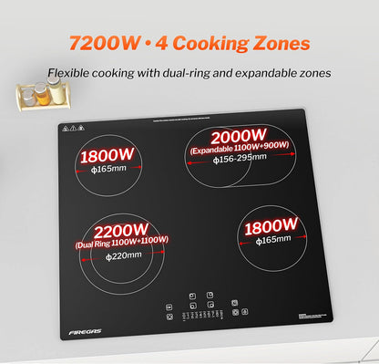 Keramische Kookplaat – Inbouw Kookplaat – Elektrische Kookplaat – Glaskeramische Kookplaat – 59 cm Kookplaat – 4 Kookzones – 7200 W Vermogen – Touchbediening Met Timer & Kinderbeveiliging
