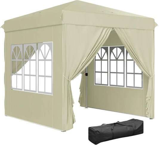 Outsunny Pavillon 2,5x2,5m, wasserabweisend Stabil Winterfest Pop-up Faltpavillon, UV Schutz 50+, Faltbar Partyzelt Gartenzelt mit 4 Seitenteilen Tasche Gartenpavillon für Camping Garten, Cremeweiß - QUORE