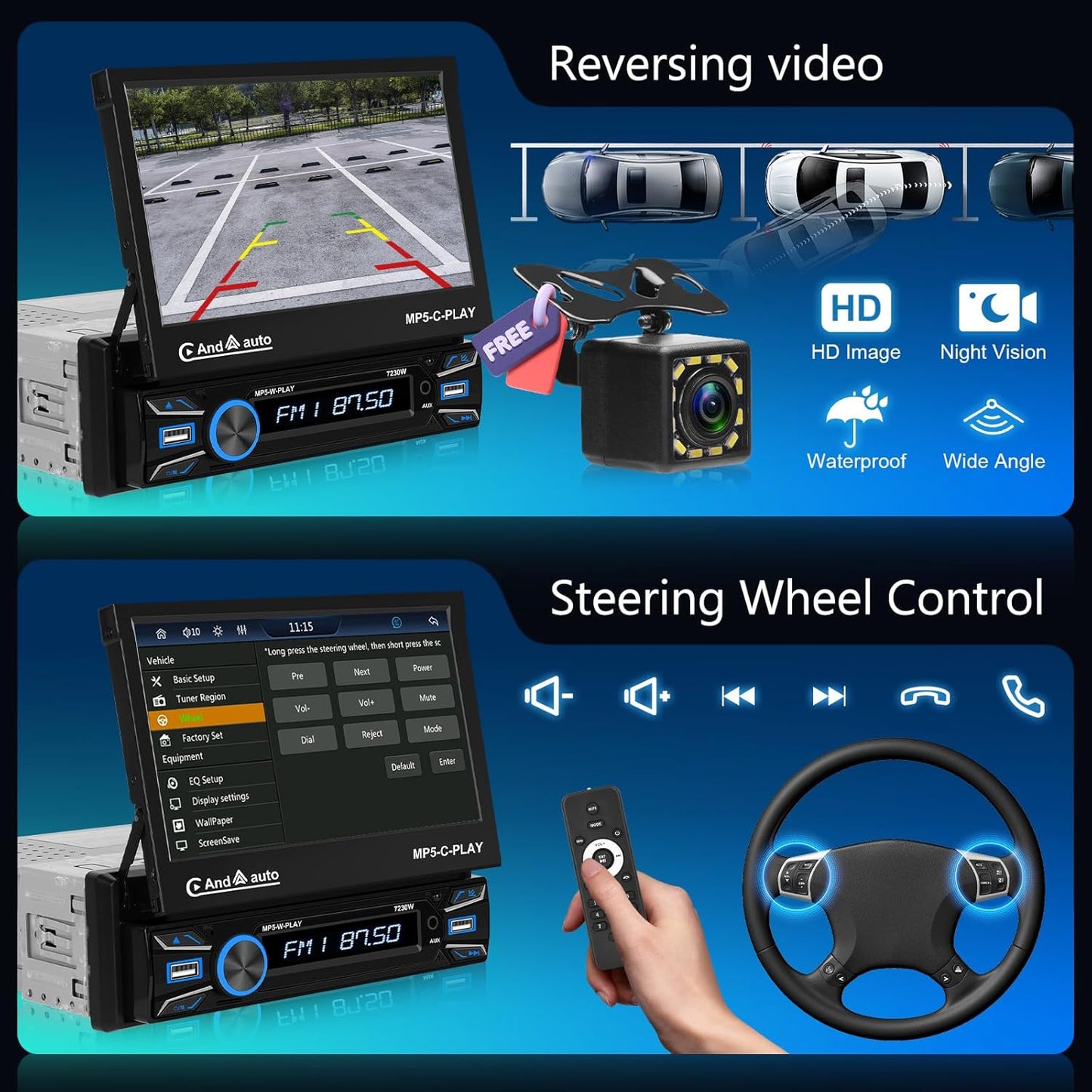 Hodozzy Single Din Car Radio 7 Inch Folding Touch Screen Car Radio With Carplay Android Auto, Car MP5 Player Bluetooth FM Car Radio 1 Din Support Usb/Aux/SWC + Rear View Camera - QUORE