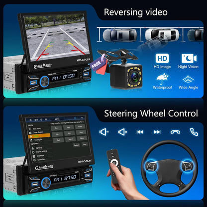 1 DIN Autoradio – Auto Stereo – MP5 Speler – Bluetooth Radio – Multimedia Speler – Gemotoriseerd 7 Inch Flip-Out Touchscreen – Draadloze CarPlay & Android Auto