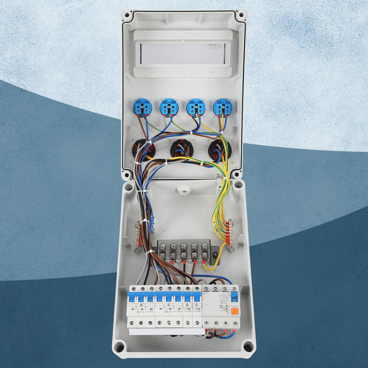 Verdeler voor bouwplaatsen, wandverdeler, 1 x 32 A, 2 x 16 A, 4 x 230 V met LS+FI met veiligheidsschakelaar, wandverdeler met RCCB, CEE stopcontact 16/32 A, voor bouwplaatsen