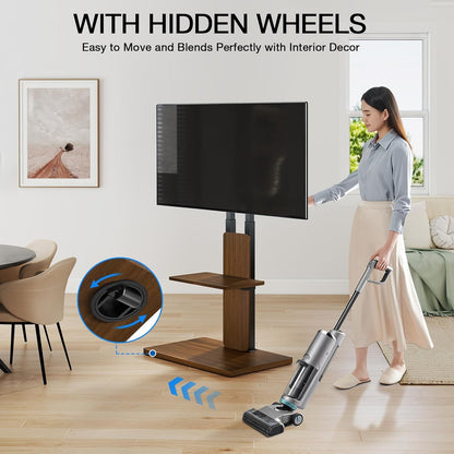 TVON TV vloerstandaard met verborgen wielen voor 32-70 inch tv's, in hoogte verstelbaar, tv-standaard tot 45 kg, met verstelbare houten plank, max. VESA 400 x 400 mm