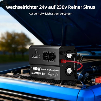 1700W 24V Pure Sine Wave inverter 24v 220v, 4 EU sockets, Type C 30W, Fast charging USB 25W, 3 USB ports, LED display