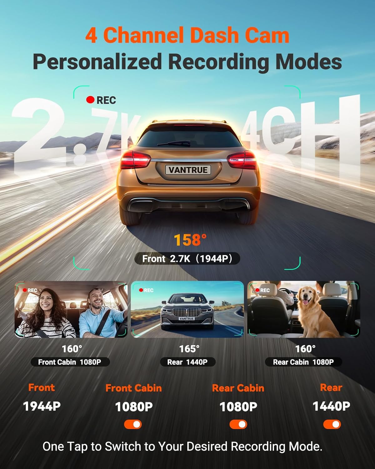 VANTRUE N5S 4-kanaals STARVIS 2 dashcam auto 2.7K + 1080P + 1080P + 1440p voor binnen en achter, HDR+ WDR dashcam 5G WLAN, spraakbesturing dashcams, GPS, 24 uur buffer parkeermodus, LTE optioneel, max
