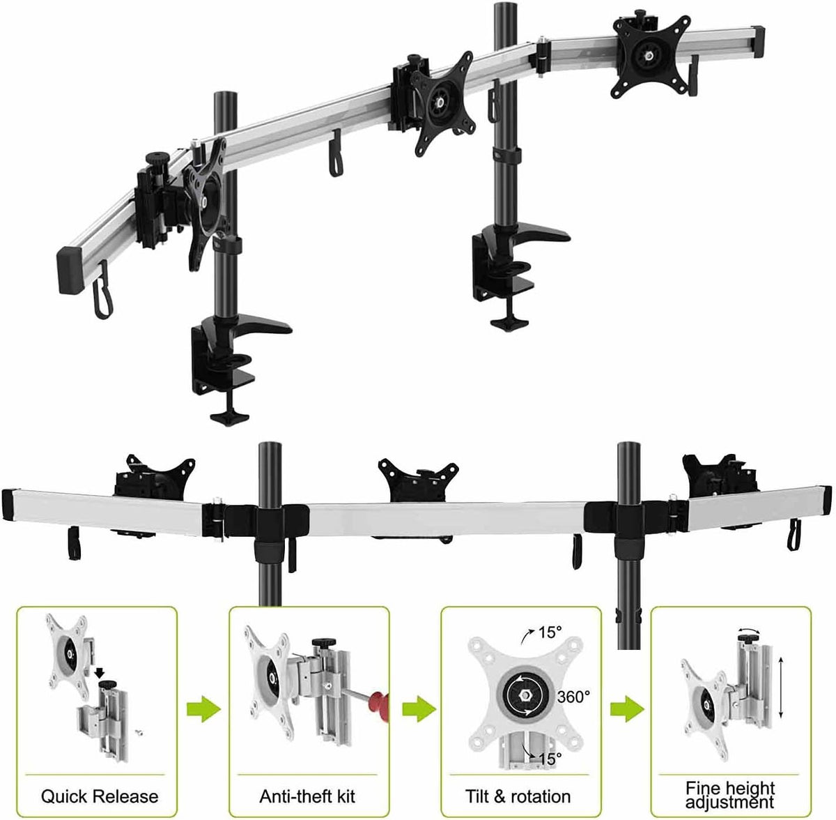 HFTEK 3-voudige Monitor TV Desk Mount Tafelbeugel houder voor schermen van 15 tot 27 inch - VESA 75/100 (MP230C-N)