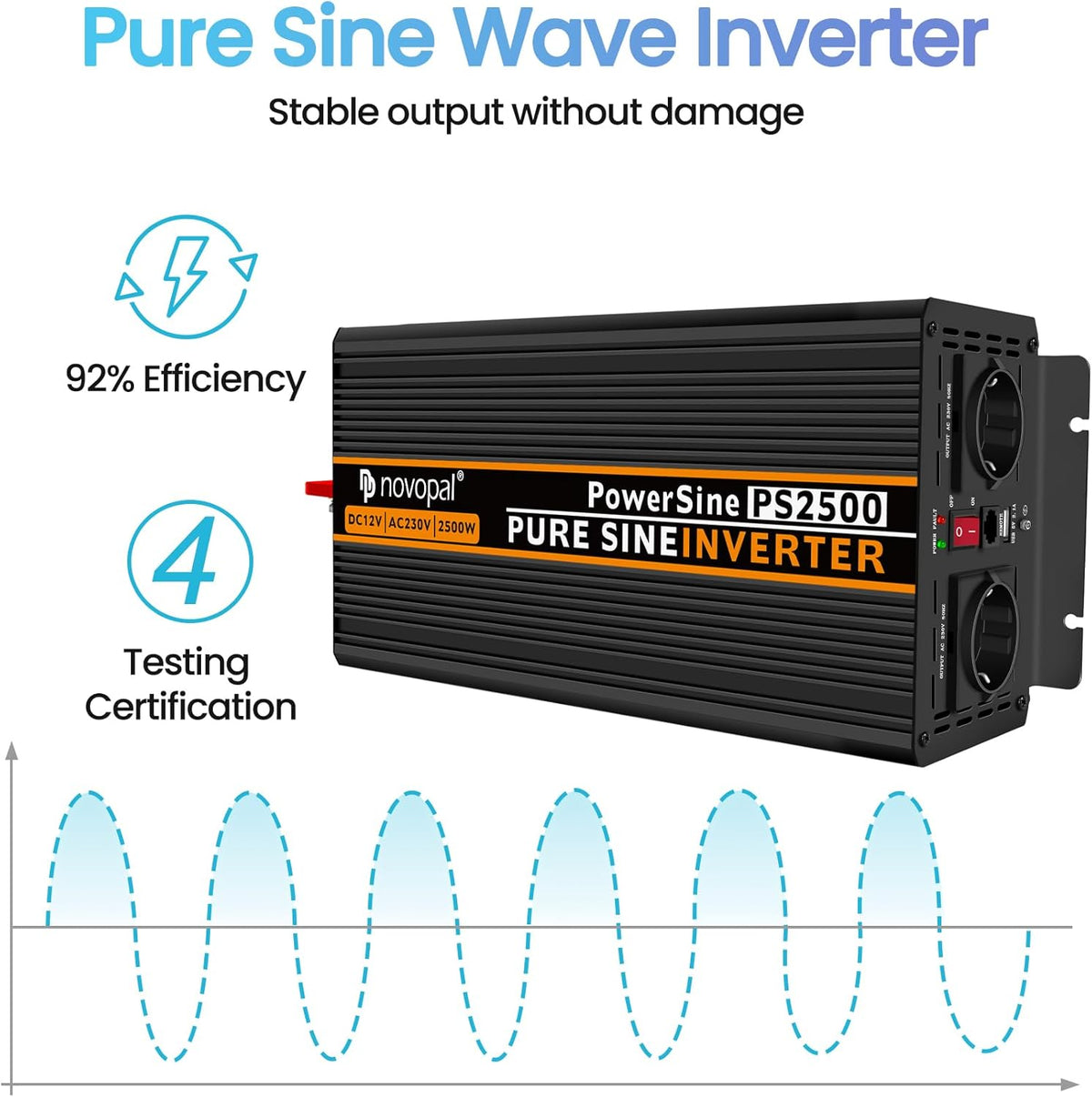 <font dir="auto" style="vertical-align: inherit;"><font dir="auto" style="vertical-align: inherit;">        NOVOPAL 2500W inverter 24V to 230V pure sine wave voltage converter with 2 EU sockets and a 2.1A USB, 5m remote control       </font></font>