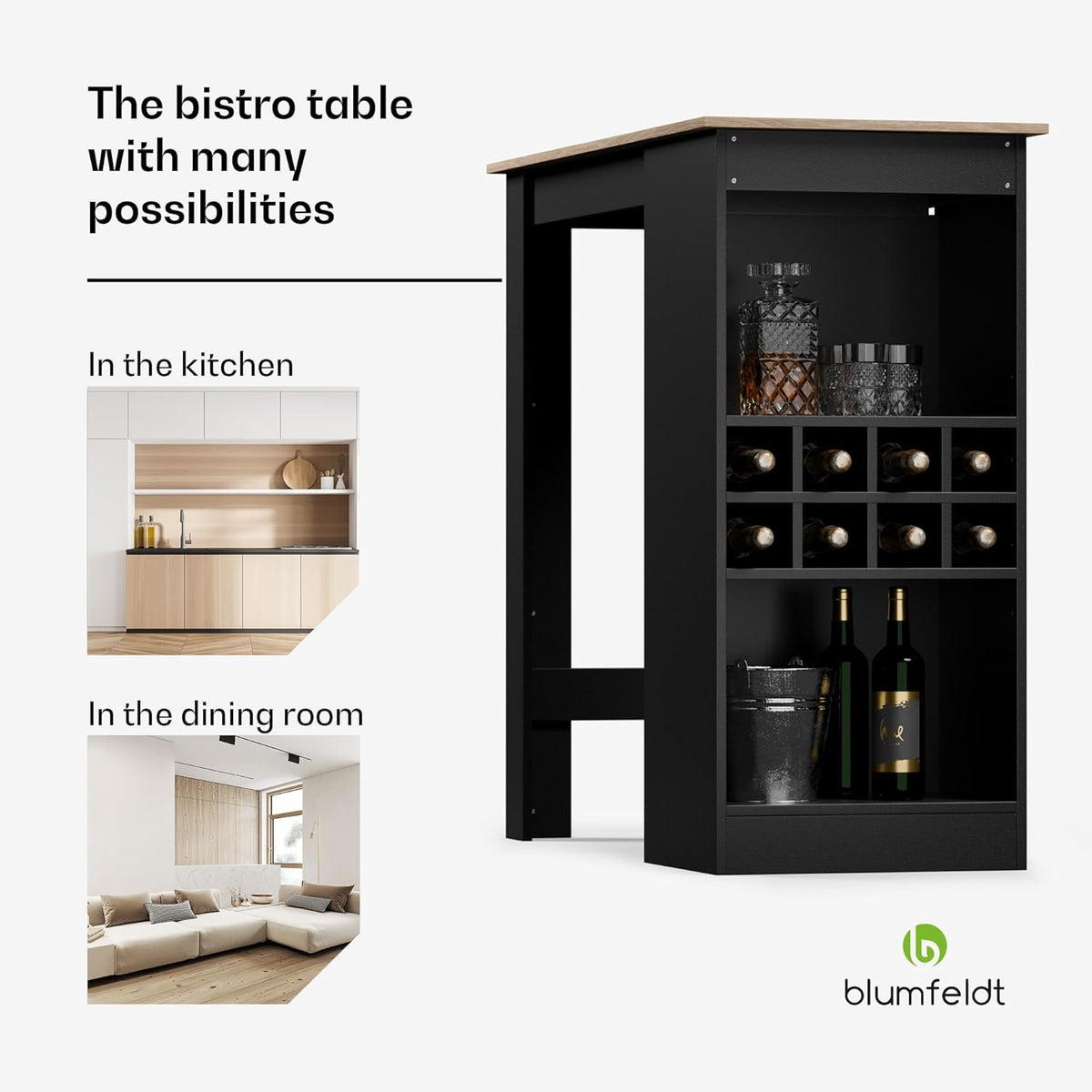 blumfeldt Bar table, standing table for the kitchen, 110 cm solid wood table, bistro & bar standing table rectangular, small wooden bar table, high table with 3 adjustable shelves, melamin coating - QUORE