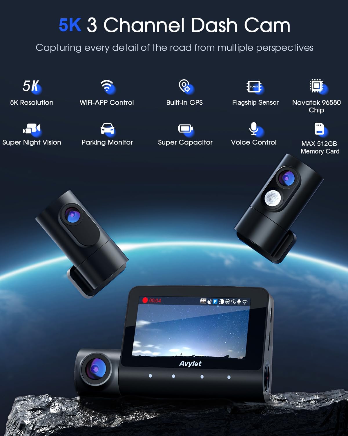 3-Kanaals Dashcam Auto – Autocamera – Rijcamera – Voorkamera – Achtercamera – 4K + 1080P + 1080P Opname – Wifi en GPS