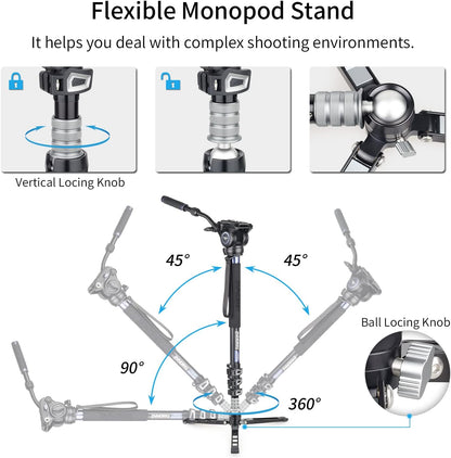 Monopod – Videomonopod – Cameramonopod – Camerastatief – Videostatief – Fluid Head Met 360° Pan En -52° Tot +91° Kanteling – Aluminiumlegering, 182 Cm Hoog En 10 Kg Draagvermogen