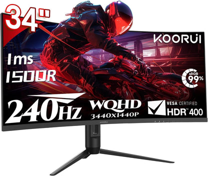 KOORUI 34-Zoll-Gaming-Monitor,240Hz PC Bildschirm,Curved 1500R,Adaptive Sync, Ultrawide WQHD (3440×1440), HDR400, höhenverstellbar (110mm),Pip/PBP,Schwarz - QUORE