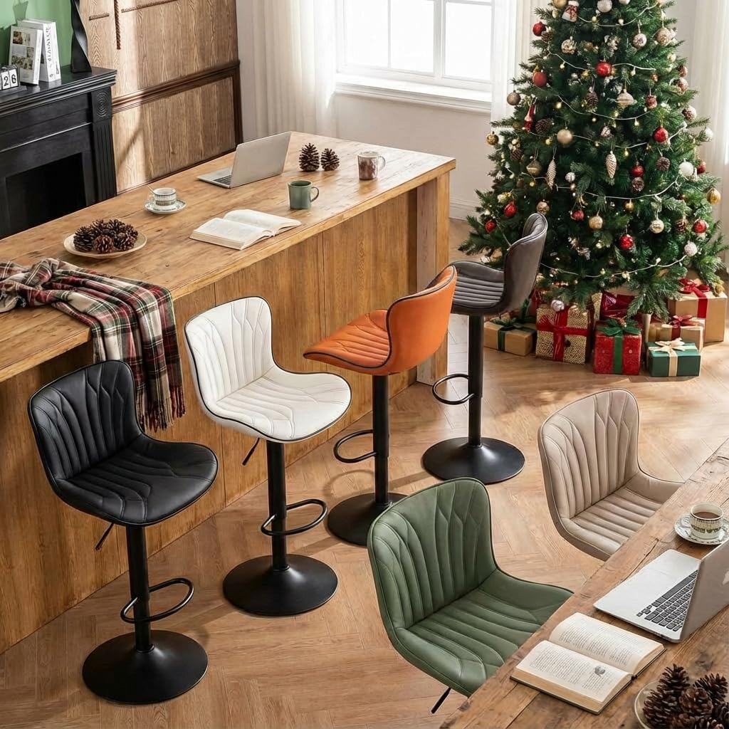 YOUNIKE Barkruk, 2-delige set, draaibare hoogteverstelling, barstoel van kunstleer, bekleding, barstoelen, thekenhocker, moderne barstoelen, keukenstoel met hoge oorleuning, bonengroen