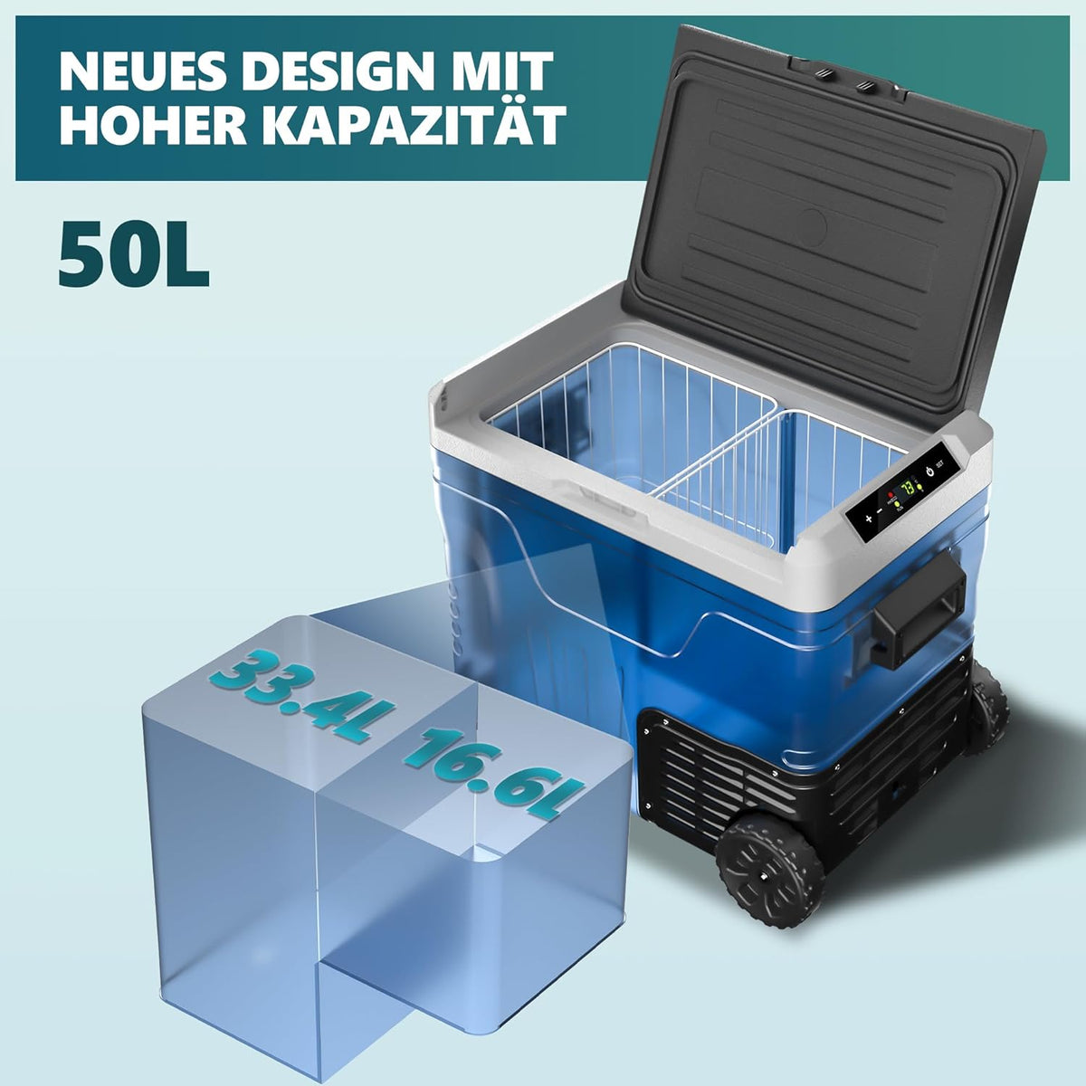 EUHOMY Auto-koelkast-compressor, 50 liter, -20 °C tot +20 °C, 12 V/220 V, stille campingkoelbox met app en wielen, draagbare vriezer voor outdoor, reizen, vissen (geluidsarm, zwart)