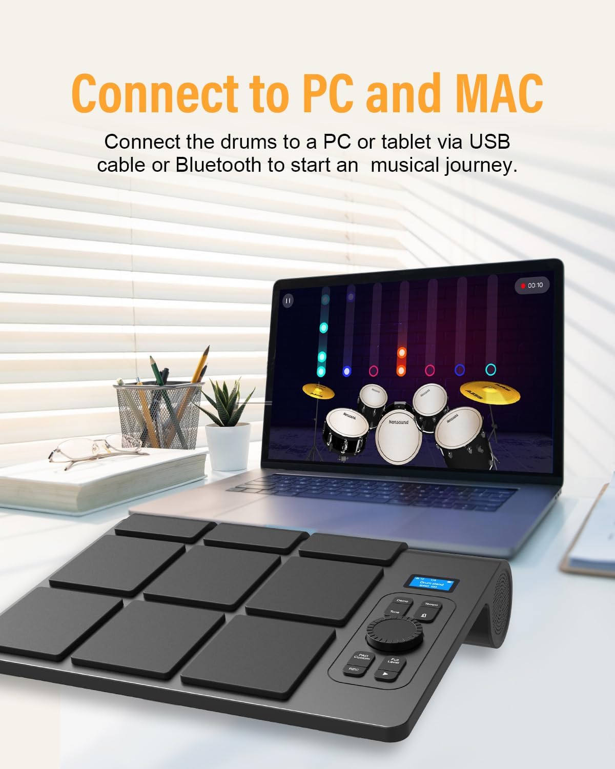 Draagbaar elektrisch drumstel met 9 pads met LCD-scherm, dubbele stereoluidsprekers en pedalen - digitale drumset voor beginners/professionals, compatibel met pc/Mac, thuistraining en live