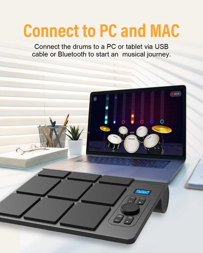 Draagbaar elektrisch drumstel met 9 pads met LCD-scherm, dubbele stereoluidsprekers en pedalen - digitale drumset voor beginners/professionals, compatibel met pc/Mac, thuistraining en live