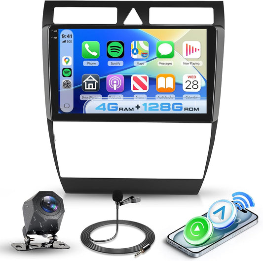 Hodozzy 4 GB + 128 GB Android autoradio voor Audi A6 C5 1997-2004 S6 1999-2004 RS6 2002-2006, Carplay Wireless Android Auto, 9 inch InCell Touchscreen 2 Din Radio met Navi Bluetooth DSP WiFi RDS