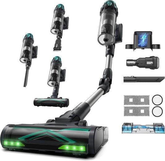 Vexilar V15Max Cordless Vacuum Cleaner with Mop Function, 60 kPa/600 W/60 Min Vacuum Cleaner, Wireless, Articulated Tube, Wall Charging Station, GreenEye, Freestanding Anti-Hair Floor Nozzle, 1.5 L