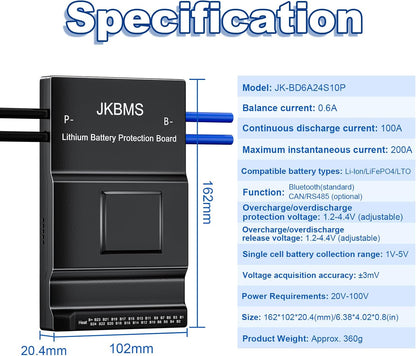 JKBMS Smart BMS 8S-24S 24V-72V 100A 0.6A met Bluetooth, RS485 en Actieve Balancering voor Li-Ion, LiFePO4 en LTO Batterij Bescherming (JK-BD6A24S10P)