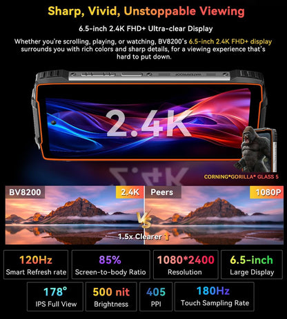 Blackview BV8200 Smartphone Incassable, Lampe Torche 170 Lumens, Double Écran, Helio G100 36GB+256GB, 6,5'' 120Hz 2.4K FHD+, Caméra AI 50MP, IP68 IP69K Android 14 Téléphone Étanche, GPS NFC Vert