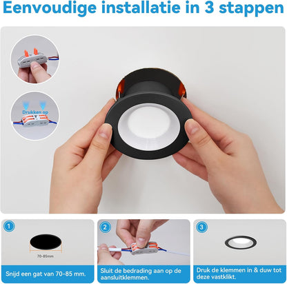 KEELED Zwarte Inbouwspots voor Plafond, Inbouwverlichting met Nachtlampfunctie, 230V, 6W, 3 kleurtemperaturen 3000K/4000K/6000K selecteerbaar, 70-85mm inbouwgat, 24 stuks