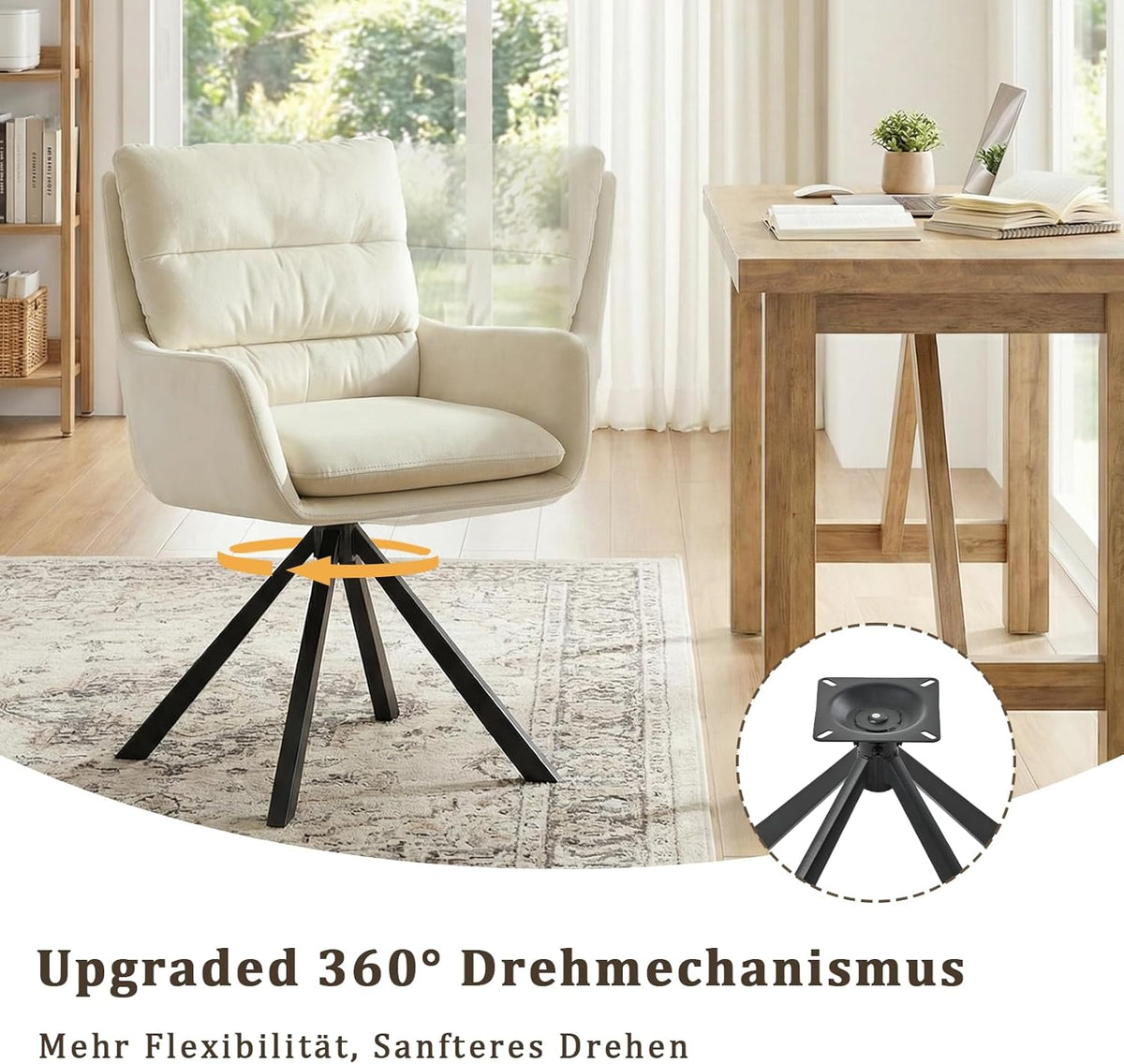 Eetkamerstoelen, draaibaar, set van 1 met armleuning, 360 graden draaibare enkele stoel met dubbele rugleuning, afneembaar zitkussen, fluweel, keukenstoel voor eetkamer en woonkamer, kantoor