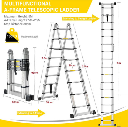 STANEW Telescopische Ladder 5M(2.5+2.5), Telescopische Ladder met 2 Balansbalk, Aluminium Trapladder, Multifunctionele Ladder, 150 kg Belastbaarheid