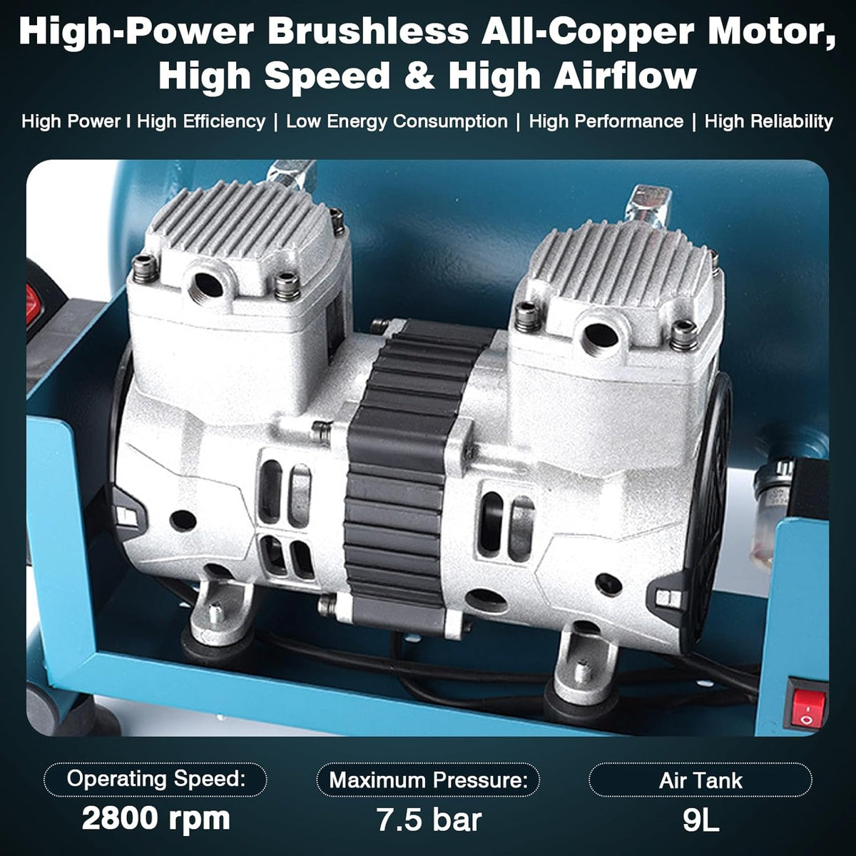 Accucompressor – Fluistercompressor – Persluchtcompressor – Draagbare Luchtcompressor – Stil – 7,5 Bar Werkdruk – 9 Liter Tankcapaciteit