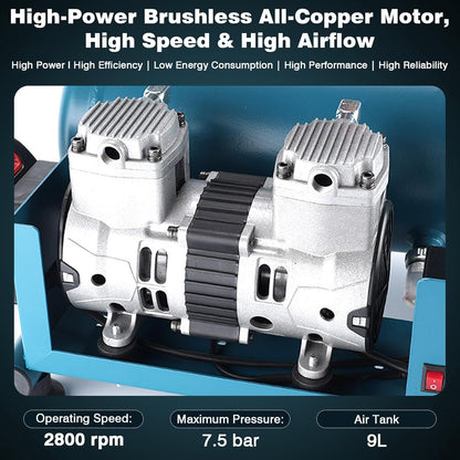 Accucompressor – Fluistercompressor – Persluchtcompressor – Draagbare Luchtcompressor – Stil – 7,5 Bar Werkdruk – 9 Liter Tankcapaciteit