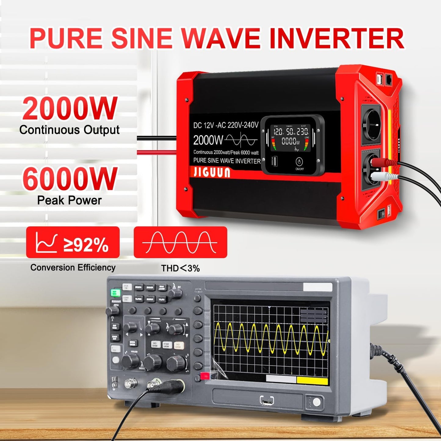 JIGUUN 2000W Omvormer 12V 230V Zuivere sinus Converter inverte met 2 EU stopcontacten & 3 USB+Tycp-C poorten, afneembare afstandsbediening en LCD display Piekvermogen 6000W