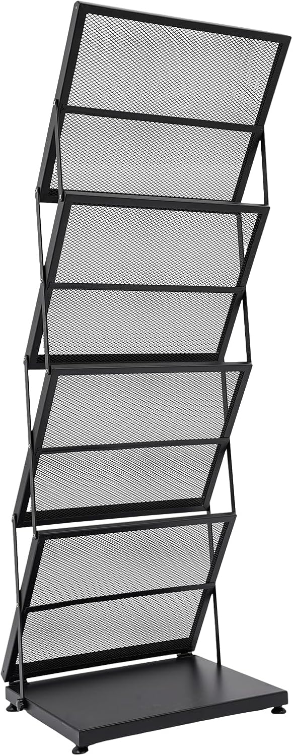 4 Layer A3 Folder Foldable Magazine Stand Display Modern Literature Stand Floor Setup Catalog Racks with Non-Slip Feet for Office Scholarships Schools Black 46 x 37 x 132 - QUORE
