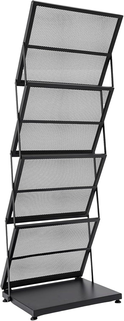 4 Layer A3 Folder Foldable Magazine Stand Display Modern Literature Stand Floor Setup Catalog Racks with Non-Slip Feet for Office Scholarships Schools Black 46 x 37 x 132 - QUORE