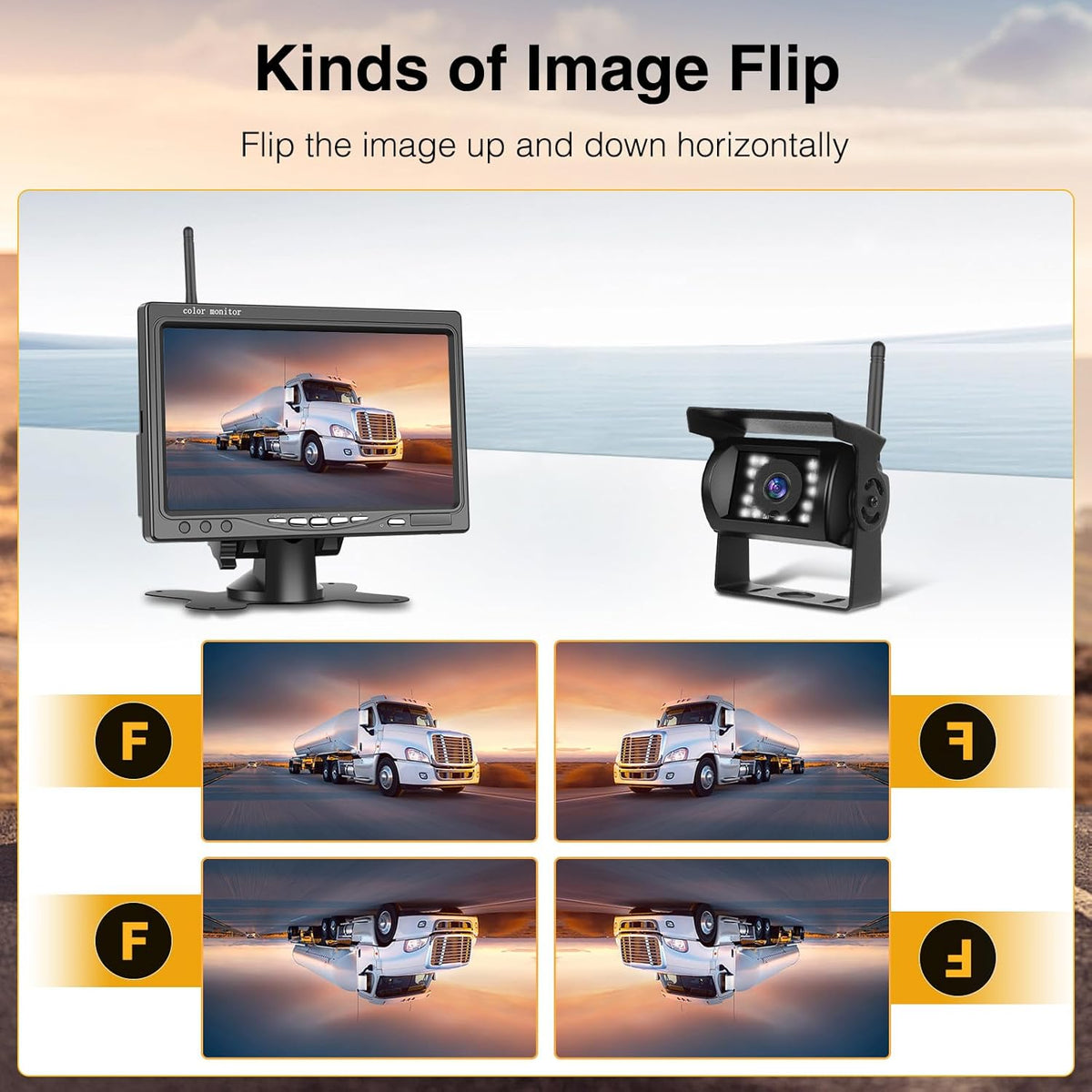 Draadloze achteruitrijcameraset met 7 inch monitor, 2 achteruitrijcamera's, IP68 waterdicht, IR-nachtzicht, draadloze autocamera, voor camper, vrachtwagen, bus, vrachtwagen, camper, 12 V-36 V