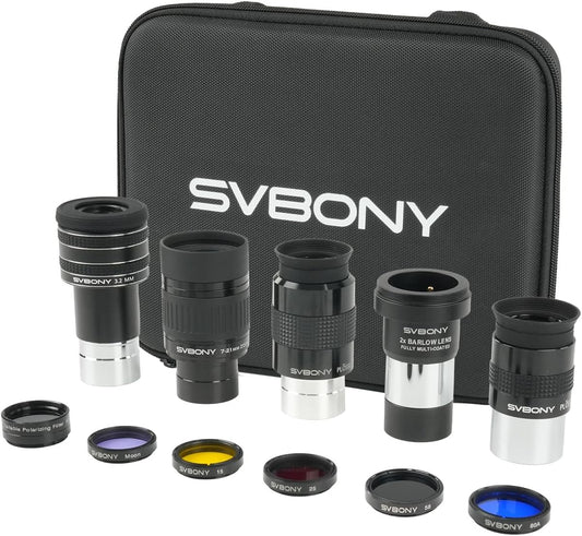 Svbony SV233 Telescoop voor Volwassenen Astronomische Accessoirekit, 7-21 mm Zoomoculair, 3.2 mm58°, 25 mm, 32 mm SPL Oculair, 2x Barlow Lens, LRGB, Maan, Variabele Polarisator Filter voor Visueel