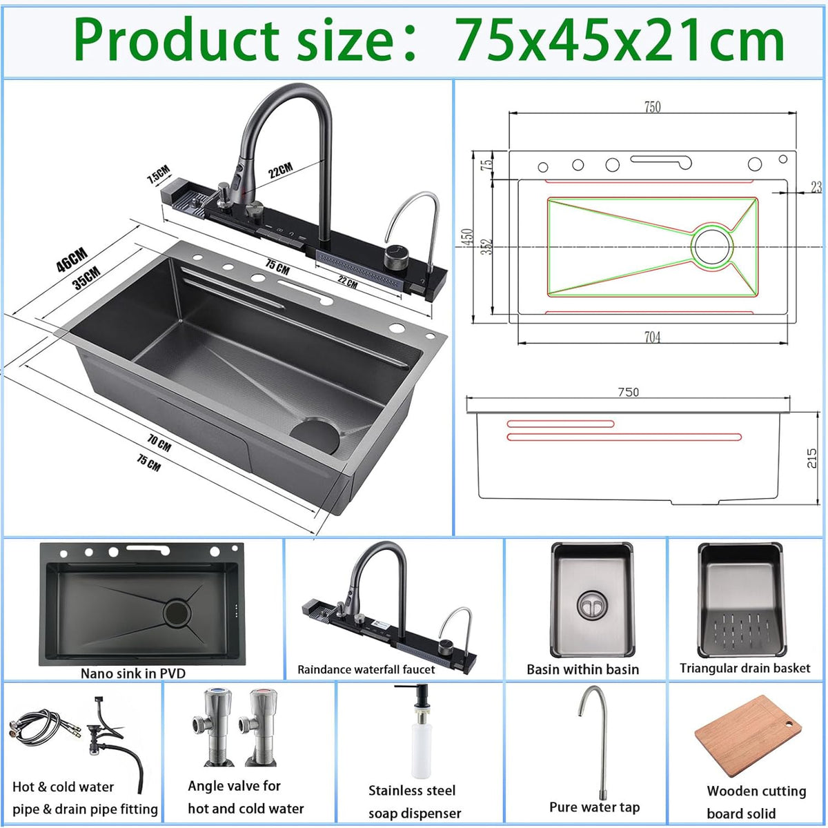 304 Roestvrij Staal Keuken Spoelbak, 75x45x21cm Zwarte Enkele Kom Multifunctionele Waterval Sink