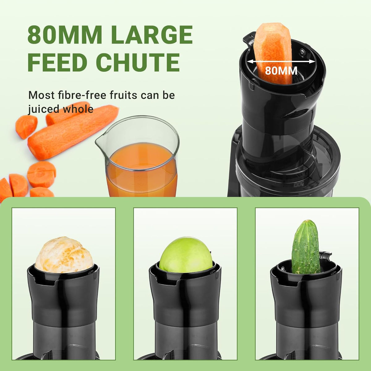 AMZCHEF Juicer Machine met 80MM Grote Opening voor Heel Fruit - 200W Krachtige Cold Press Juicer met Upgrade Auger, Dubbellaags Filter, Retro Schakelaar, Stille Motor - Zwart