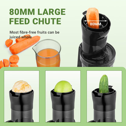 AMZCHEF Juicer Machine met 80MM Grote Opening voor Heel Fruit - 200W Krachtige Cold Press Juicer met Upgrade Auger, Dubbellaags Filter, Retro Schakelaar, Stille Motor - Zwart
